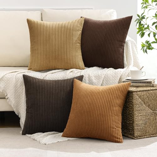 Image of MIULEE Boho Farmhouse Throw Pillow Covers 20x20 Inch Set of 4 Rustic Mordern Neutral Cushion Covers Soft Corduroy Nordic Home Decor for Couch Bed Sofa Living Room Camel Brown
