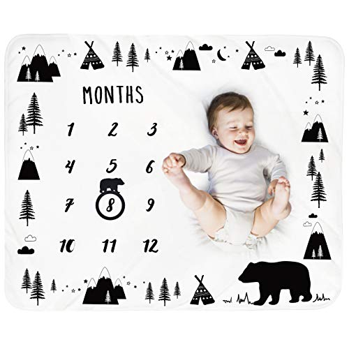 Image of Tebaby Baby Monthly Milestone Blanket Boy - Bear Newborn Month Blanket Unisex Neutral Personalized Shower Gift Woodland Nursery Decor Photography Background Prop with Frame Large 51''x40''