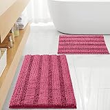 FLOLEOPA Non Slip Thick Shaggy Chenille Hot Pink Bathroom Rug Sets 2 Piece, Thickened Hot Melt Rubbe