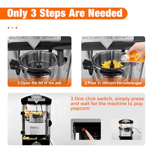 Image of 8 Oz Popcorn Machine with Cart (Black) - Compact Vintage Popcorn Maker - High Efficiency One Touch Operation with 3 Plastic Spoons, Storage for Movie Nights, Party