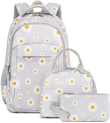 LEDAOU Backpack School Bags Teen Bookbags Set School Backpack Lunch Box and Pencil Case, White Daisy Gray, L, Backpack (878)