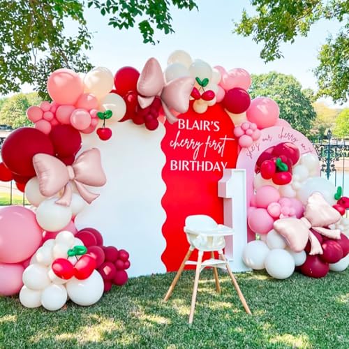 147Pcs Pink Red Cherry Balloon Garland Arch Kit with Coquette Bow...