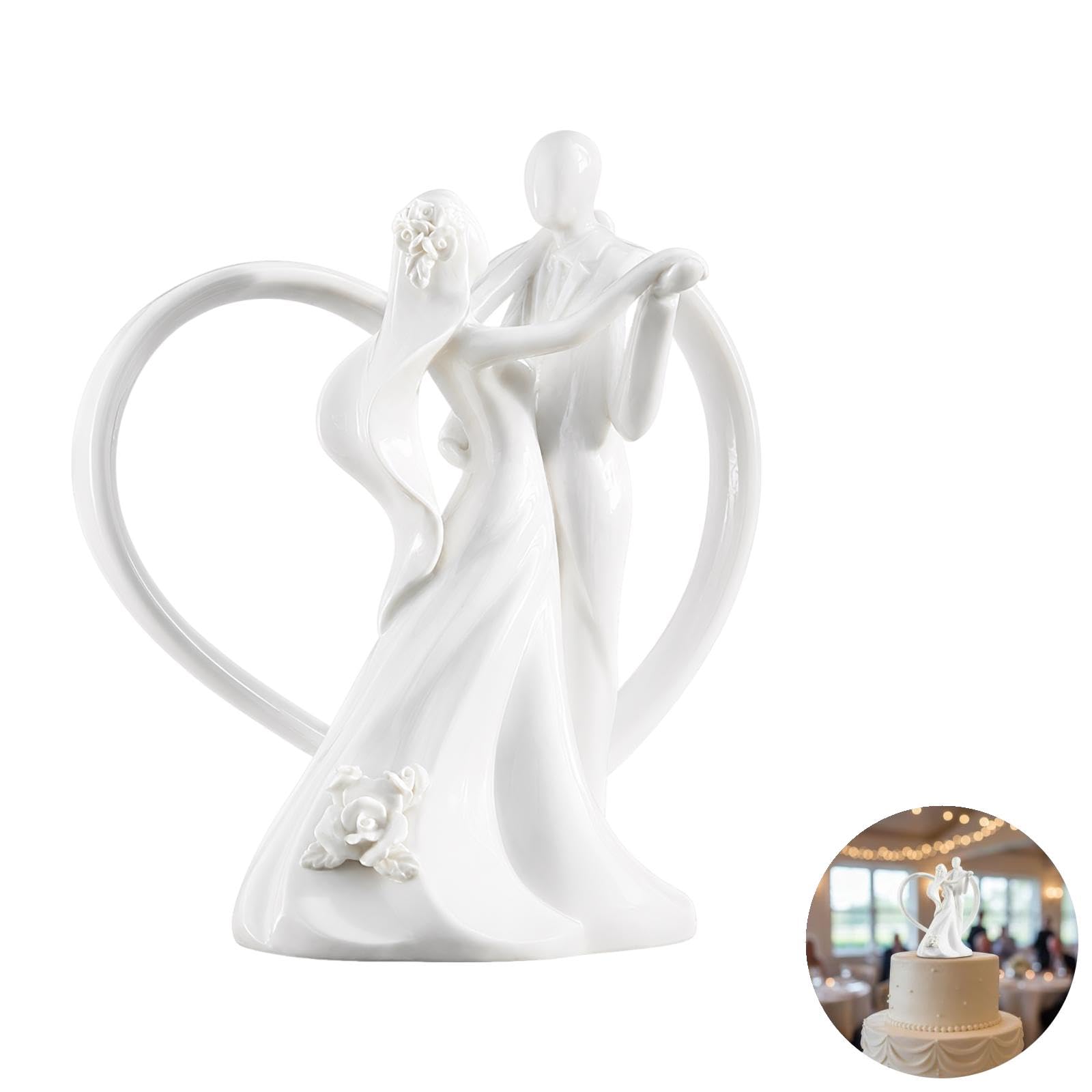 Keramik Cake Topper, cremeweiß, tanzendes Brautpaar mit Herzmotiv, 18,2 cm Höhe, Hochzeitsfigur und Sammelfigur für Empfang, Jubiläum, Zuhause und Büro, Deko für westliche Hochzeiten