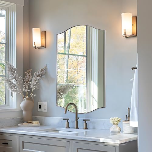 Image of ANDY STAR Rectangle Scalloped Mirror, 24 inchx40 inch Polished Chrome Bathroom Mirror in SUS304 Stainless Steel Metal Frame, Silver Vanity Mirror with Unique Arched Top Design