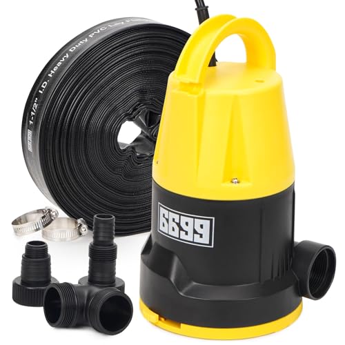 6699 Submersible Sump Pump 5000GPH High Flow with 25FT x 1-1/2 Discharge Hose Drain Water Pump Kit 1HP Portable Utility Pump Easy to Use for Flooded Basement Rain Barrel