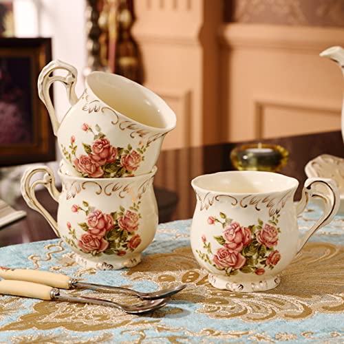 Porcelanowy zestaw do popołudniowej herbaty, kwiatowy zestaw do kawy w stylu vintage z czajnikiem, filiżankami do herbaty, tacą do serwowania i łyżeczką na prezenty i imprezy