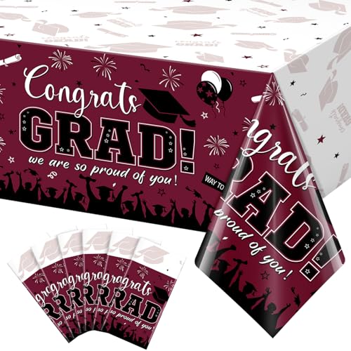 6 Pack Graduation Tablecloth Party Decorations, Class of 2026 Congrats Grad Plastic Tablecover Party Supplies, Maroon Rectangle Graduation Table Decorations for College High School Party, 54 x 108Inch