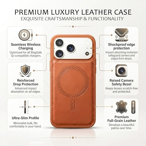 Image of amazon basics Premium PU Leather Case for iPhone 17 Pro, MagSafe Compatible Magnetic Ring, Sleek Protective Back Cover - [Tan]
