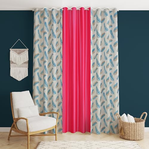 Image of DEVSANG Polyester 2 Print and 1 Solid Curtains 9 feet Long Set of 3 - Pink & Aqua