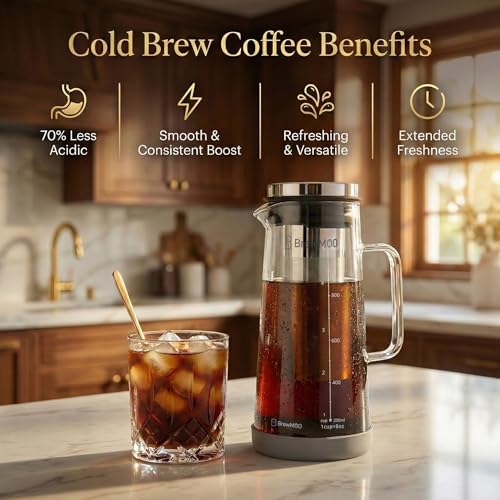 BrewMOO Cold Brew Coffee Maker Pitcher, 1.0L/34Oz Airtight Borosilicate Glass Carafe with 150 Mesh Precision Filter | Barista Grade Iced Coffee Maker, Integrated Glass Handle & Non Slip Base (Grey) — view 2