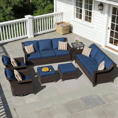 Image of 7 Piece Patio Furniture Set, Wicker Outdoor Conversation Set | Patio Chair Set with Olefin Removable Cushion, All-Weather Outdoor Couch with Deep Seat for Porch, Deck and Backyard, Blue