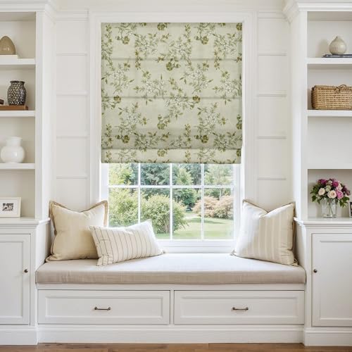 Image of TWOPAGES No Drill Cordless Vintage Floral Print Roman Shades Linen Textured Roman Blinds for Windows, Custom Made Room Darkening Light Filtering Roman Window Shades, Porcelain, 1 Piece