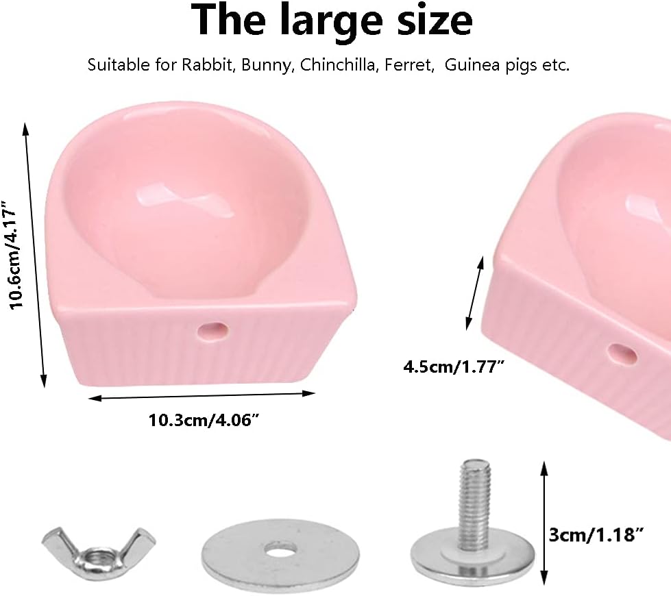 BIGCAKE 2 Pack Hamster Ceramic Bowl, Hanging Rabbit Food Dish and Water Bowl Pet Cage Feeder for Ferret Squirrels Syrian Hamster Mice Gerbil Bunny Guinea Pig Chinchilla Rat (Large, Pink)
