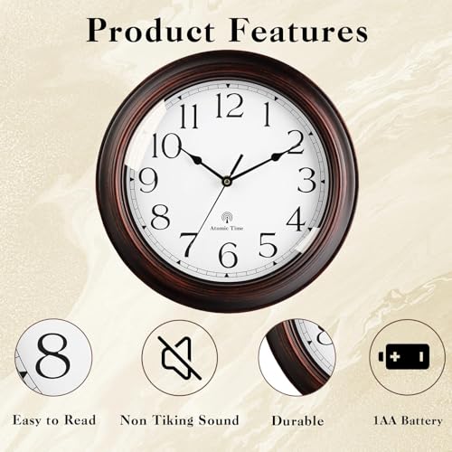 Image of KECYET Atomic Wall Clock 10 Inch, Silent Non-Ticking Vintage Clock Battery Operated Classic Analog Decorative for Kitchen, Living Room, Office, Bedroom, Bathroom (Bronze)