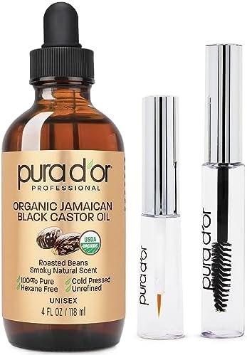 PURA D'OR 4 Oz ORGANIC Jamaican Black Castor Oil - Natural Smoky Scent - 100% Pure USDA Certified Cold Pressed & Roasted, Hexane Free Eyelash & Eyebrow Growth Serum - 2 Empty Bonus Applicators