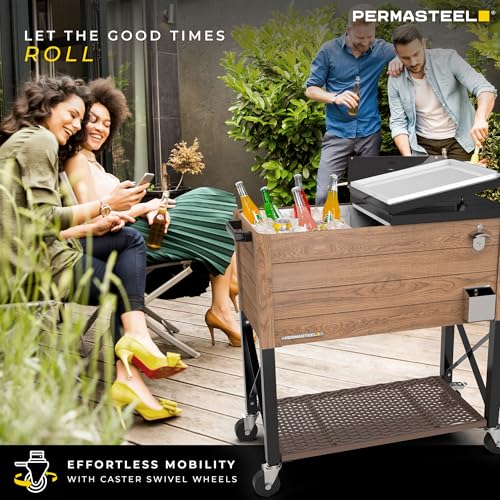 Permasteel 80-Qt Rolling Party Cooler with Divider, 36-Hour Chill, Spacious Ice Chest for Indoor/Outdoor Events, Wood Grain Finish, Wicker Shelf, Durable Design, Brown by Permasteel - Image 9