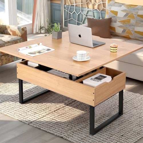 VOWNER Table Basse Relevable, Table de Salon Multifonctionnelle 3 en 1 avec Rangement Caché, Table Basse Convertible Manger de Salon, Couleur du Bois