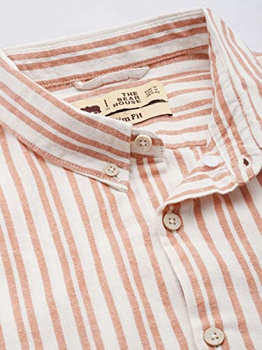 Image of THE BEAR HOUSE Men's Off White & Orange Slim Fit Striped Linen Cotton Casual Shirt | 3XL |TBH-ORB-OR-3XL |