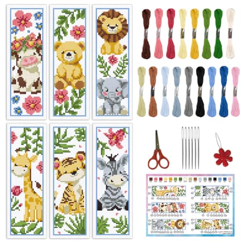 Image of INFUNLY 6PCS DIY Cartoon Animal Cross Stitch Bookmark Kits 8.66 inchx3.15 inch Cute Bear Cow Stamped Embroidery Kits with Instructions Plant Flowers Needlepoint Bookmark Kits for Book Lovers Readers Writers