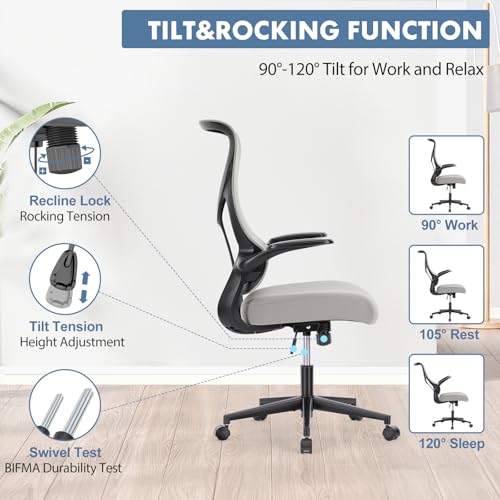 Image of DUMOS Office Managerial Executive Chair with Ergonomic Design, High Back Mesh Computer Desk Task Chair with Flip-up Armrests, Swivel Adjustable Height with Wheels, Comfy Lumbar Support, Gery