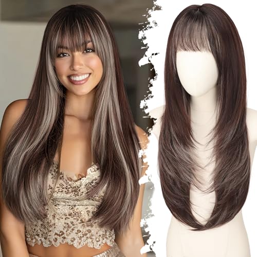 Eawwii Long Chocolate Brown with Gray White Highlights Wig with