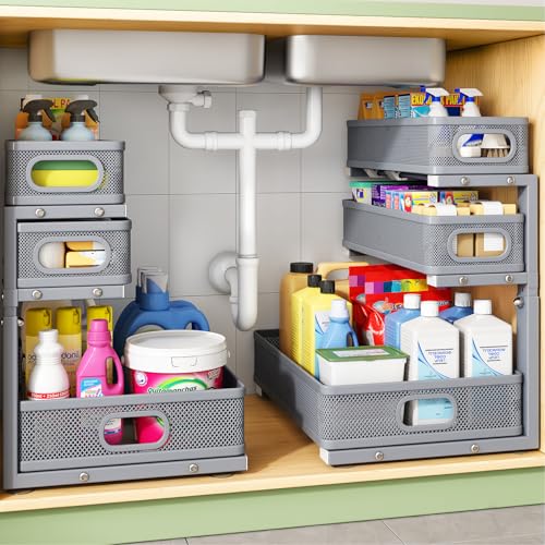 Image of Kitstorack Under Sink Organizer, 2-Pack 3-Tier Height Adjustable Thickened Metal Pull out Cabinet Organizer Shelf, Slide out Storage Drawer Rack for Bathroom Kitchen Pantry Home Organization, Grey