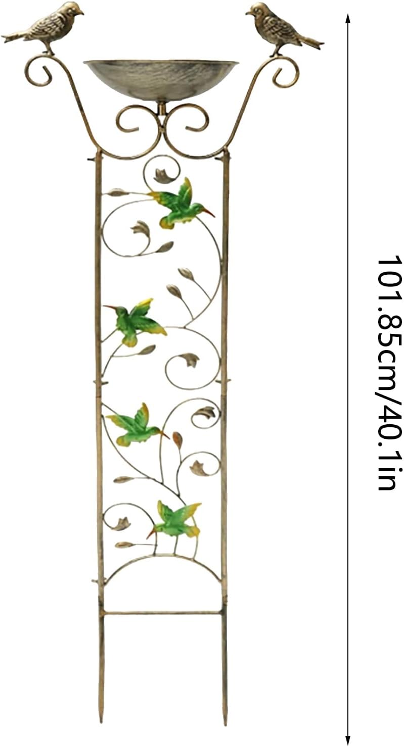 Bird Bath with Trellis for Outside, Vertical Iron Birds Water Feeder Outdoor Garden Decor with Detachable Bowl, Metal Plant Support for Climbing Flowers, Ground Stake Base for Patio (Gold-B)
