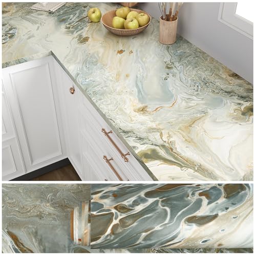 VEELIKE Papel Adhesivo Mármol Líquido Oro Teal Mate 40 cm × 300 cm Grueso Vinilo Marmol Verde Dorado Vinilo Encimera Cocina Baño Lavable Papel Pintado Pared Dormitorio Salon Comedor Mesa Extraíble