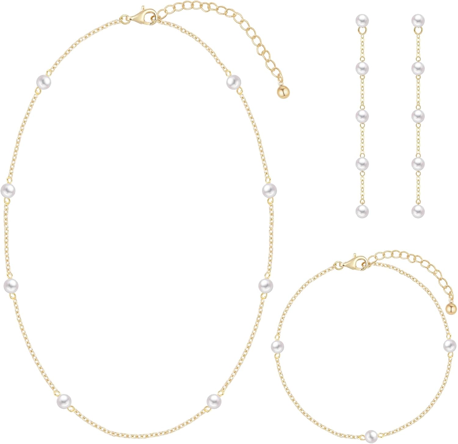 Jewelry Set for Women 14K Gold/Silver Plated Jewelry Set with Pearl Necklace and Drop Earring Bracelets