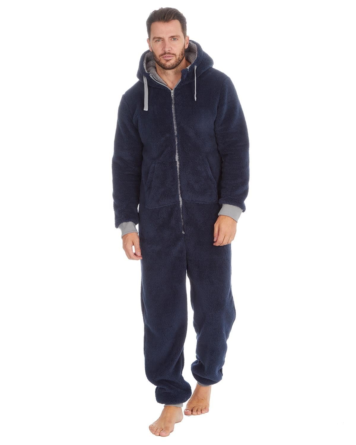 Nikaro Men's Navy Hooded Fleece Onesie Warm Snuggle Suit Stylish Zip Up Contrast (L-Xl)