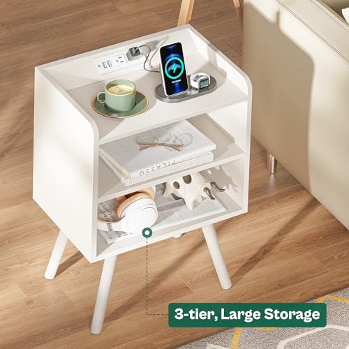 Image of Huuger Night Stand with Charger Station, White Nightstand, Bedside Table, 3 Tier End Table with Solid Wood Feet, Slanted Power Panel, Side Table with Storage for Bedroom