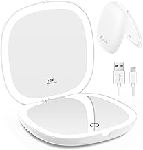 WOBSION LED Pocket Mirror with 1X/10x Magnification and Lighting, USB Rechargeable Portable Small Travel Mirror with Light, 750 mAh Dimmable Double-Sided Hand Mirror for Makeup, White
