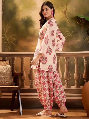 Image of EthnicJunction Women's Linen Floral Print Summer Wear Straight Short Kurti With Afghani Pant Set | Co Ord Set for Women Stylish | Fusion wear Women