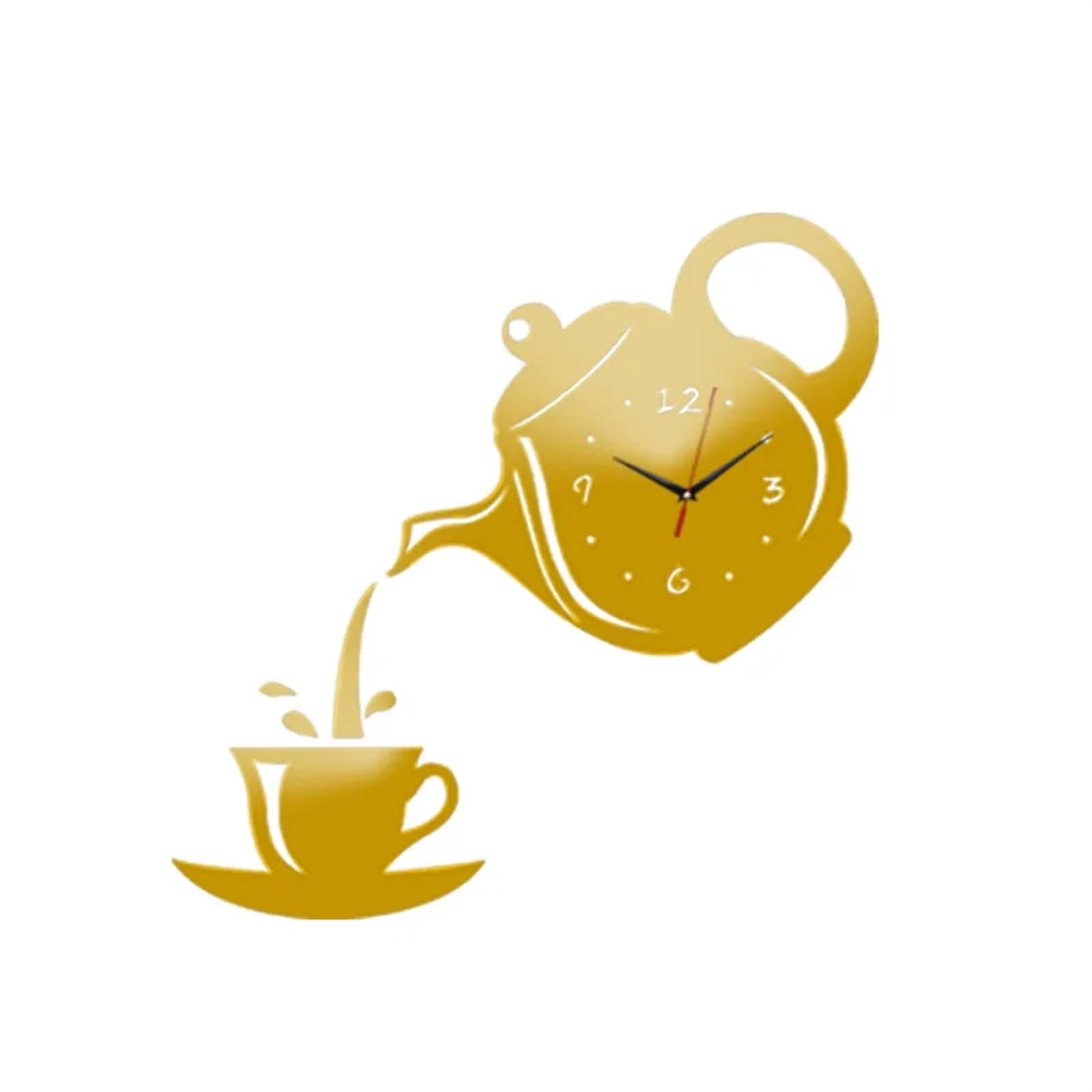 VFDVSWZSA Stylish wall clock, Creative DIY Coffee Cup Teapot Decorative Kitchen Living Room Dining Home Decor Clock(Gold)