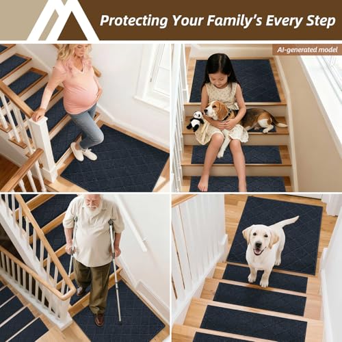 Image of COSY HOMEER Stair Landing Rugs Non-Slip Corner Indoor Edging Stair Treads for Wooden Steps,Washable Soft Stair Landing Mat for Kids,Elder and Dogs,Polyester,TPE Backing,Navy,30x30inch