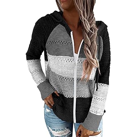 CNFUFEN Women Hoodies Knitted Zipper Sweatshirt Women Colour Block Hoodie Ladies Winter Clothing Casual Comfy Clothes For Women Uk Black Size L(14-16) Cover