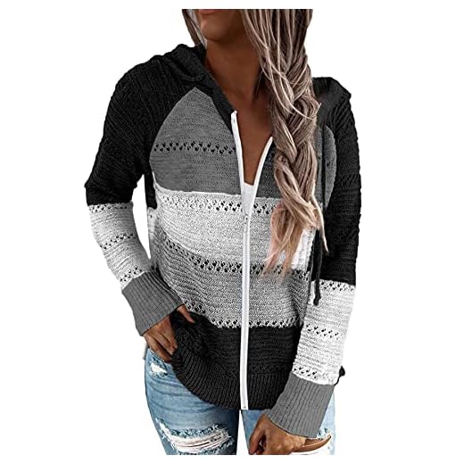 FANGJIN Women's Juniors Color Block Hoodies Sweater crop petite work out fashion tops women long sleeve vest striped vintage zip up sweater jackets for women Black L coats