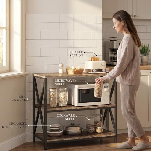 Image of TEKAVO Arina 3 -Tier Kitchen Organizer Rack|Multipurpose Microwave Stand for Kitchen Platform & OTG Oven|Steel Utensils Storage Shelf | Forest Wood, Metal (80x40x87 cm) - DIY