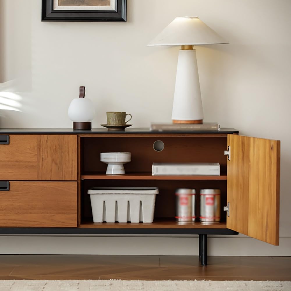 Console Multimediale Moderna 200CM Hub Intrattenimento in Impiallacciatura Legno Massello, Mobile da Deposito Vintage per Soggiorno, Adatto ad Alberghi, Alloggi Turistici e Altro