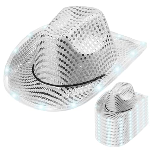 Chapeau de cowboy lumineux avec paillettes argentées pour jeu de rôle