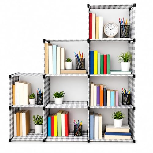 Image of Modular Storage Shelf, 9-Cube Organizer, Stepped Design, Black Frame with Grey Checkered Pattern, 138x130x30 cm (9-Cube Book Shelf)