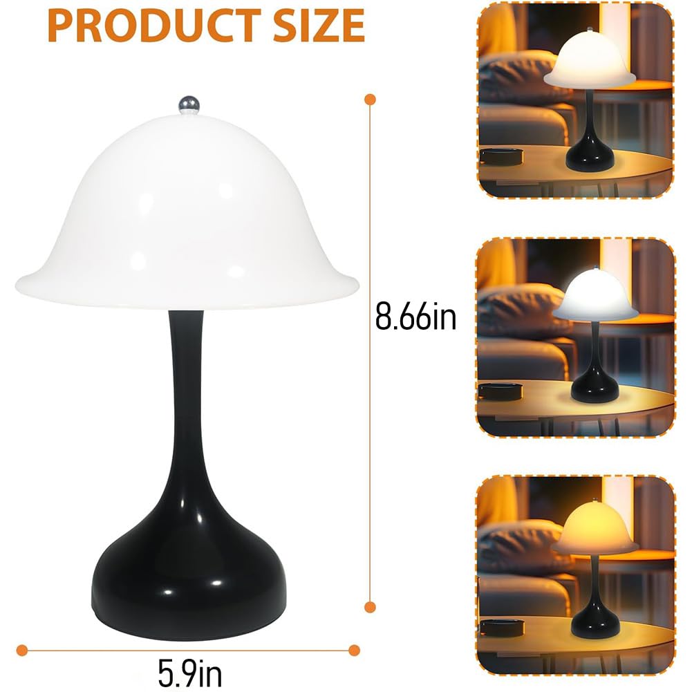 Lampa LED w kształcie grzyba, bezprzewodowa, dotykowa, ściemniana, ładowalna lampa stołowa z 3 temperaturami barwowymi, ładowana przez USB, lampka nocna na baterie do czytania