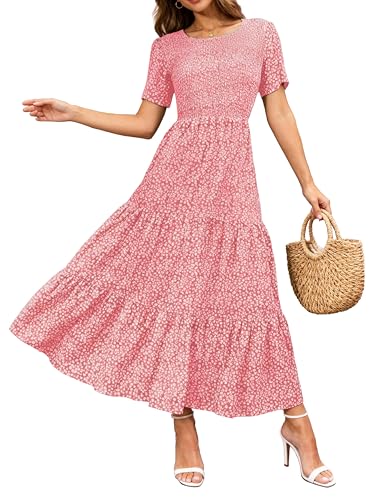 Image of BTFBM Women Casual Short Sleeve Crew Neck Summer Dress Bohemian Floral Printed Flowy Maxi Dresses Tiered Cocktail Dress