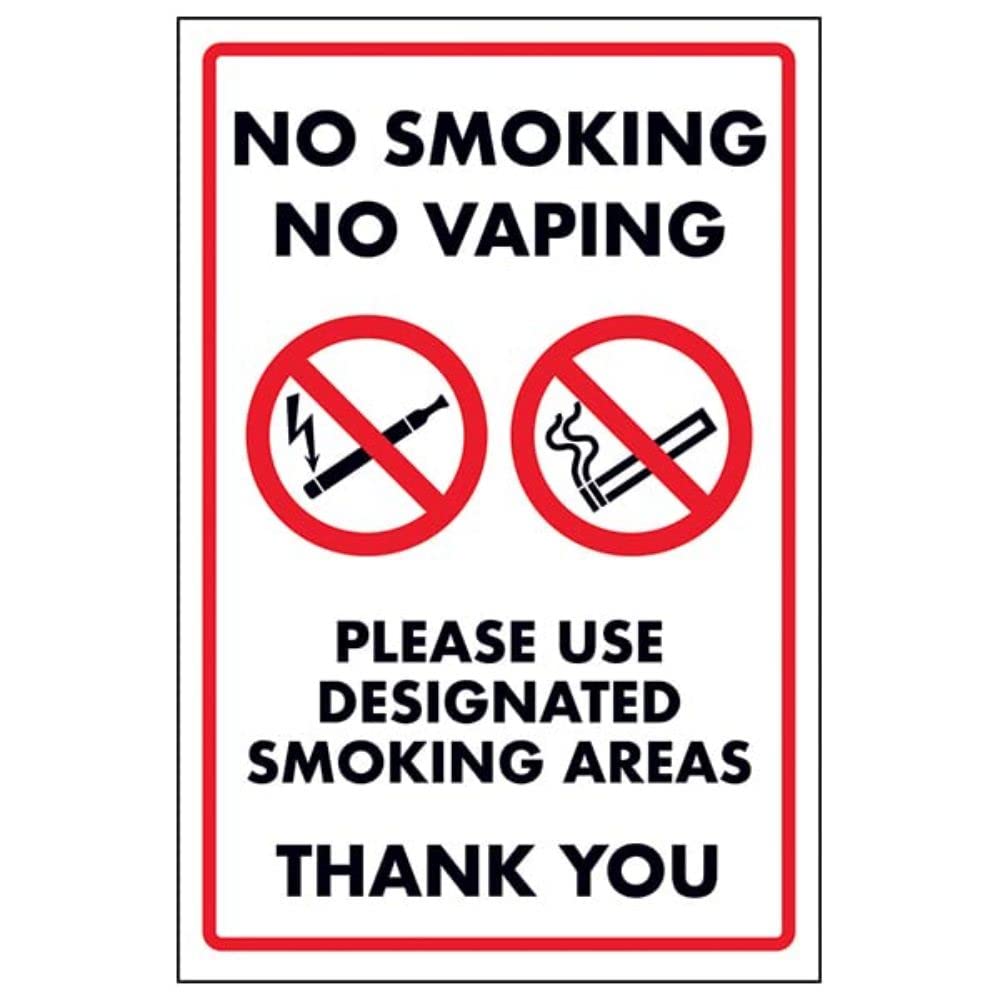 V Safety No Smoking No Vaping/Please Use Designated Smoking Area - 400x600mm 2mm Rigid Plastic Safety Sign