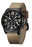 FIREFOX Herren- Armbanduhr Soldier analog Quarz Chronograph Edelstahl schwarz beige Lederarmband Datumsanzeige 10 ATM wasserdicht FFS255-110