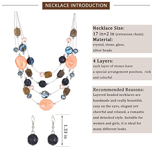 Layered Chunky Beaded Necklace For Women Colorful Multi-Layer Statement Necklace And Earrings Set Gift For Her(Blue Pink Colorful) #TOP4