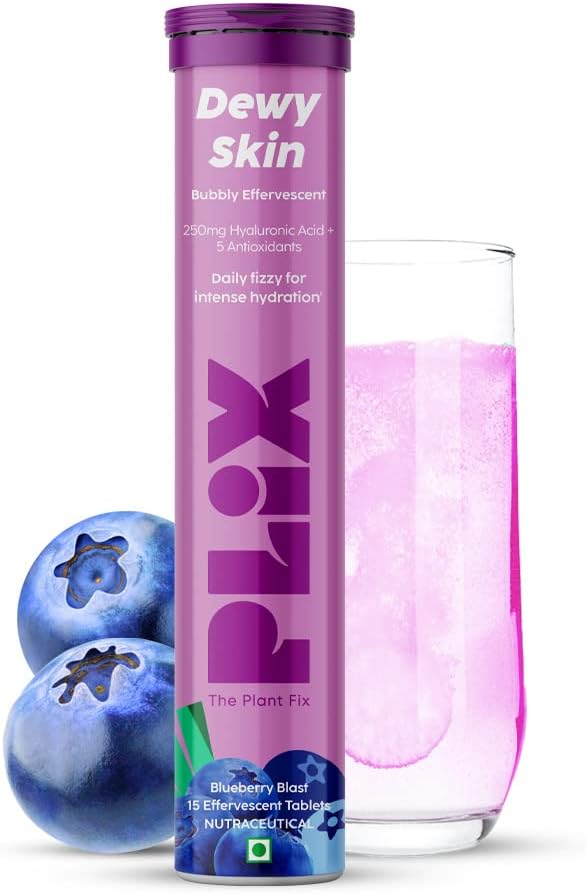 Hyaluronic Acid 15 Effervescent Tablets For Radiant Skin|Blueberry Flavor Pack Of 1|Superfoods Enriched|Supports Skin Hydration|Helps To Reduce Fine Lines|Vegan, 90 grams