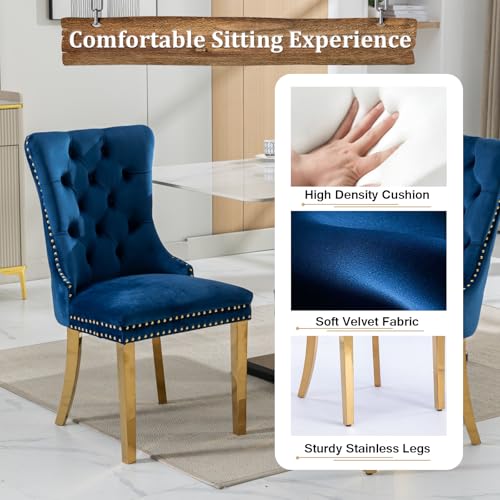 Image of 7-Piece Round Dining Table Set for 6, 45 inch Faux Marble Kitchen Tables Set with 6 Blue Tufted Chairs, White Gold Circle Dining Table with Steel American-Base, Round Dining Room Table Set for 6