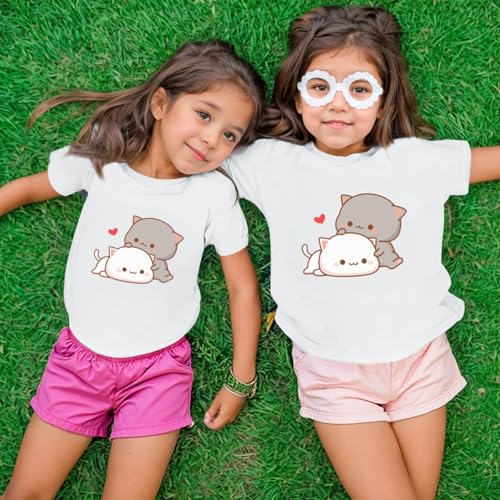 Image of KEEVICI Cute Cat Shirts for Girls Graphic Tees Kids Kawaii Cartoon Animal Print T Shirt Summer Cotton Short Sleeve Tops