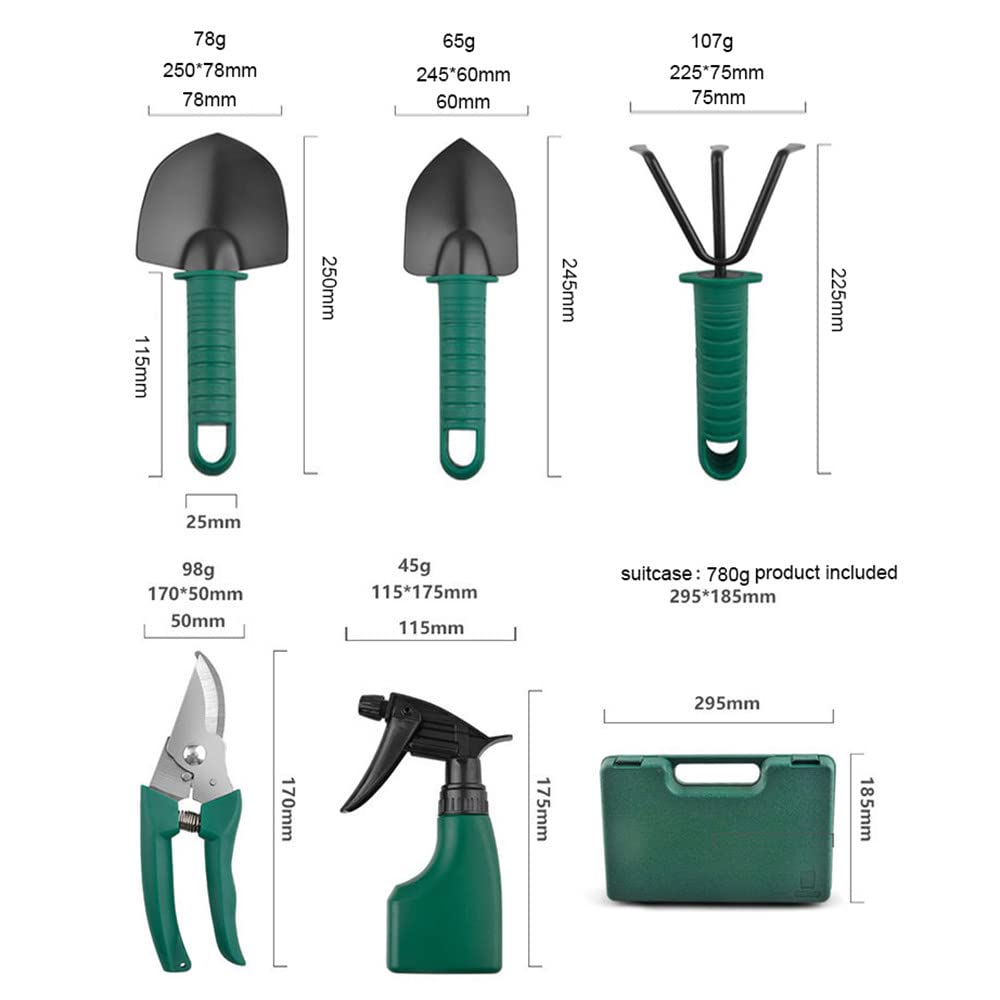 10 Pezzi Set Attrezzi da Giardino, con Custodia, in Acciaio Inox, Impugnatura Ergonomica, Cazzuola Rastrello Sarchiatrice Cesoie Spruzzatore,Green